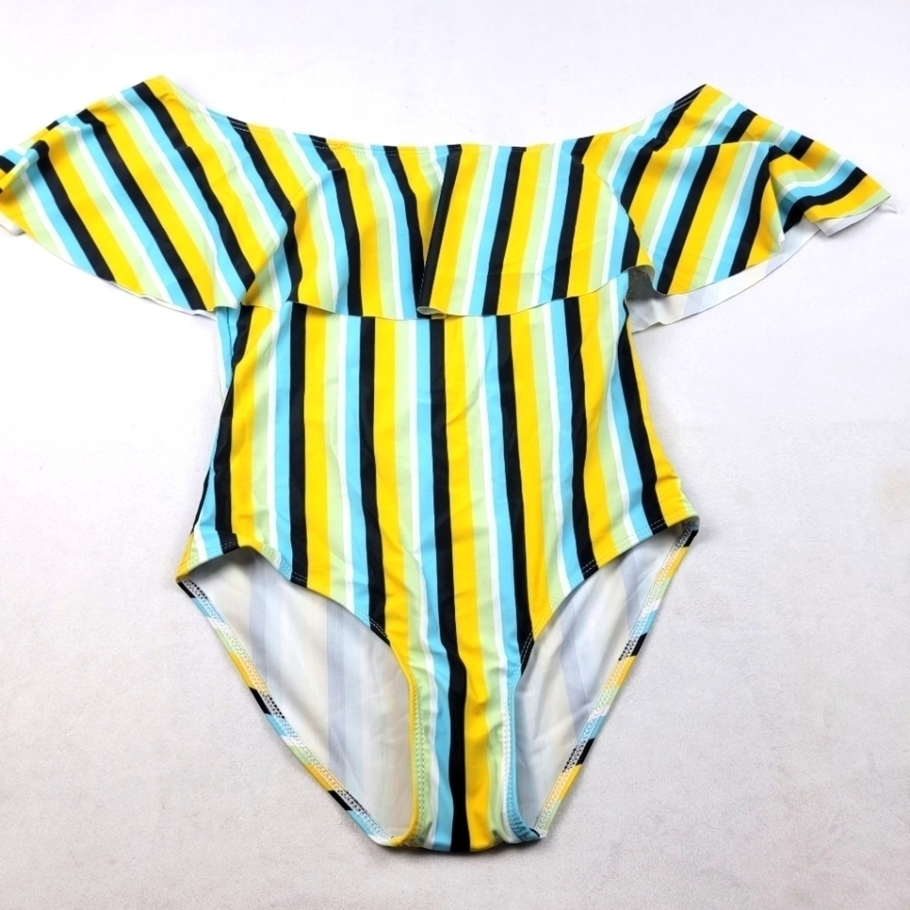 NWT one‎ piece striped drop ruffle shoulder bathing suit swimsuit
